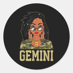 Gemini Loc'd Hair Sy Black Woman Camo Melanin Girl Classic Round Sticker