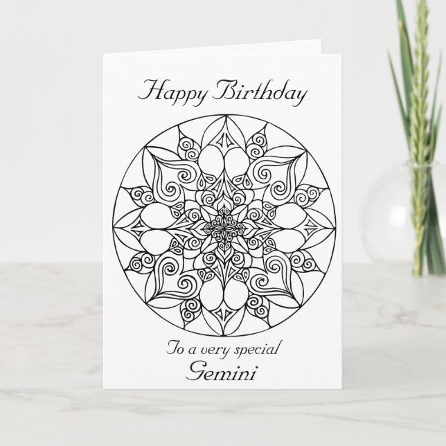 Gemini Mandala: Colour your own Birthday Card (Front)