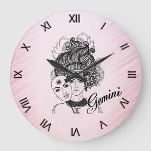 Gemini Masked Lady Zodiac Roman Numerals Pink Large Clock