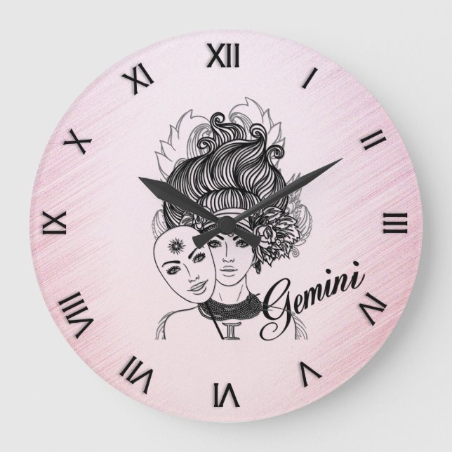 Gemini Masked Lady Zodiac Roman Numerals Pink Large Clock (Front)
