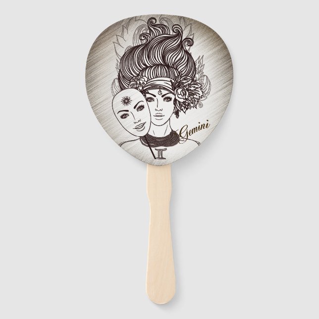 Gemini Masked Lady Zodiac Rustic Hand Fan (Front)