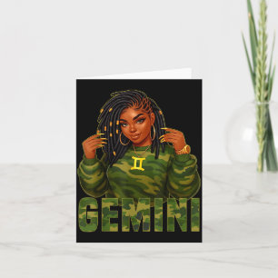 Gemini Queen Loc'd Black Woman Camo Zodiac Sign Card