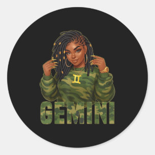 Gemini Queen Locd Black Woman Camo Zodiac Sign Classic Round Sticker
