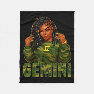 Gemini Queen Loc'd Black Woman Camo Zodiac Sign Fleece Blanket