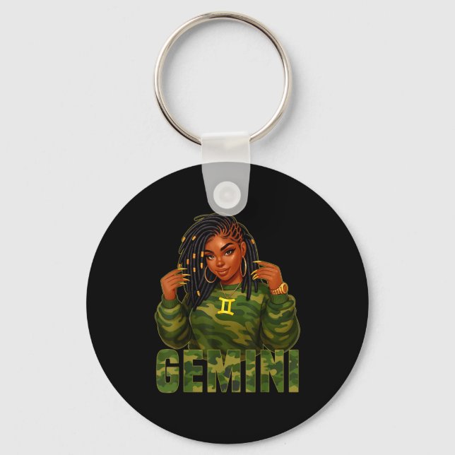 Gemini Queen Loc'd Black Woman Camo Zodiac Sign  Key Ring (Front)
