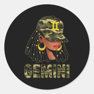 Gemini Queen Loc'd Hair Black Woman Camo Cap Zodia Classic Round Sticker