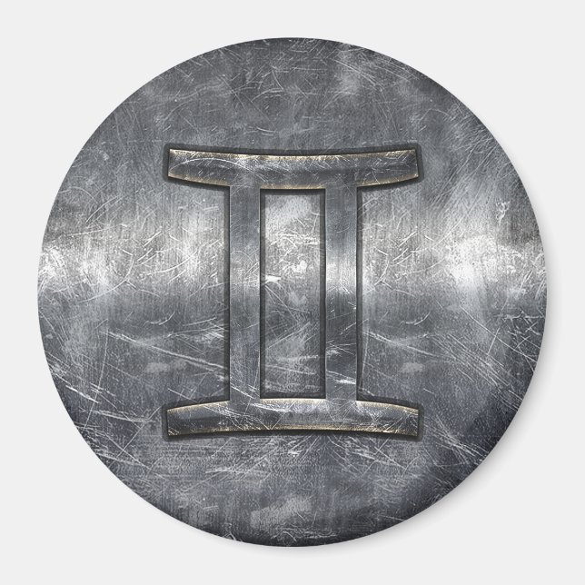 Gemini Sign in Distressed Siver Steel Style Magnet (Front)