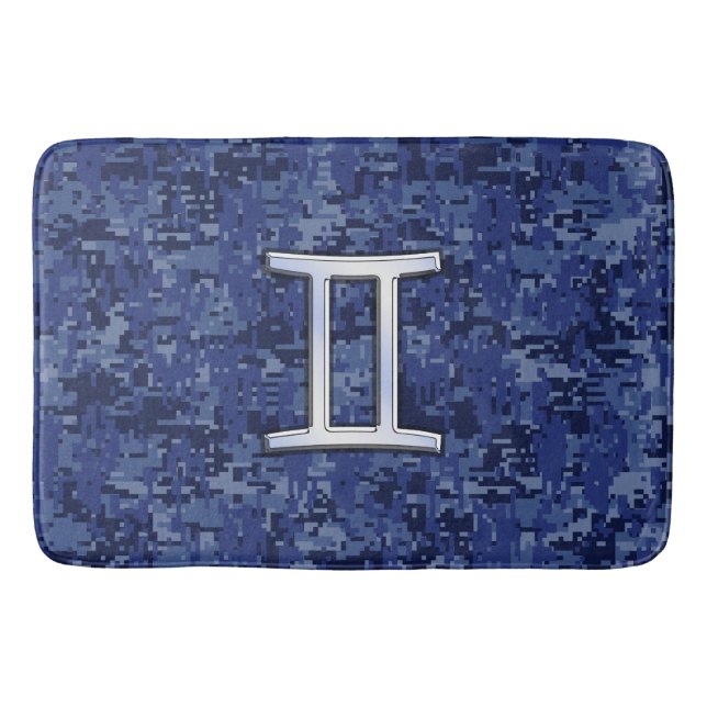 Gemini Sign on Navy Blue Digital Camouflage Bath Mat (Front)