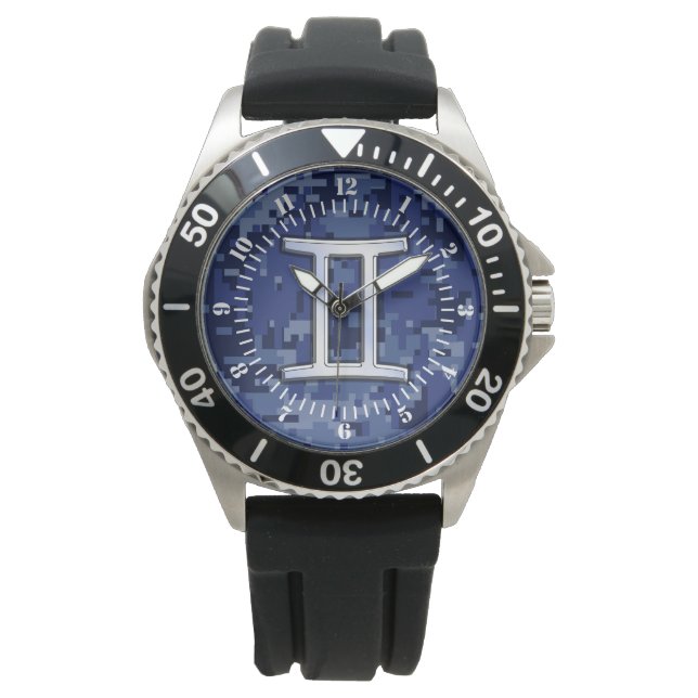 Gemini Sign on Navy Blue Digital Camouflage Dial Watch (Front)