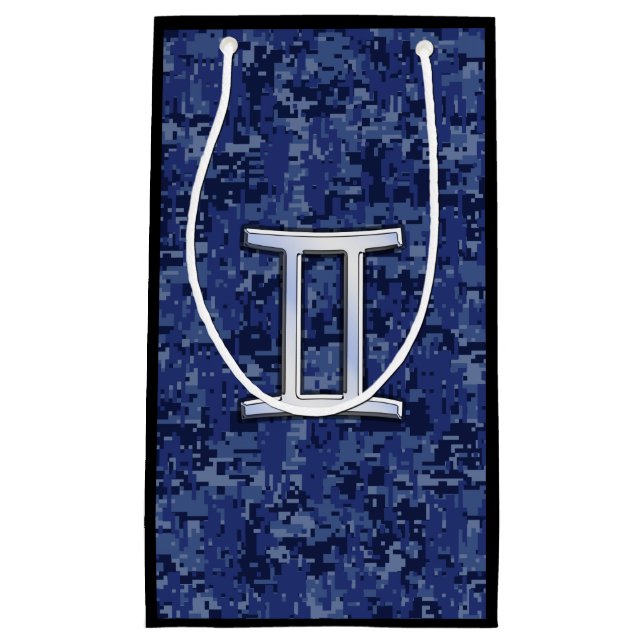 Gemini Sign on Navy Blue Digital Camouflage Small Gift Bag (Front)