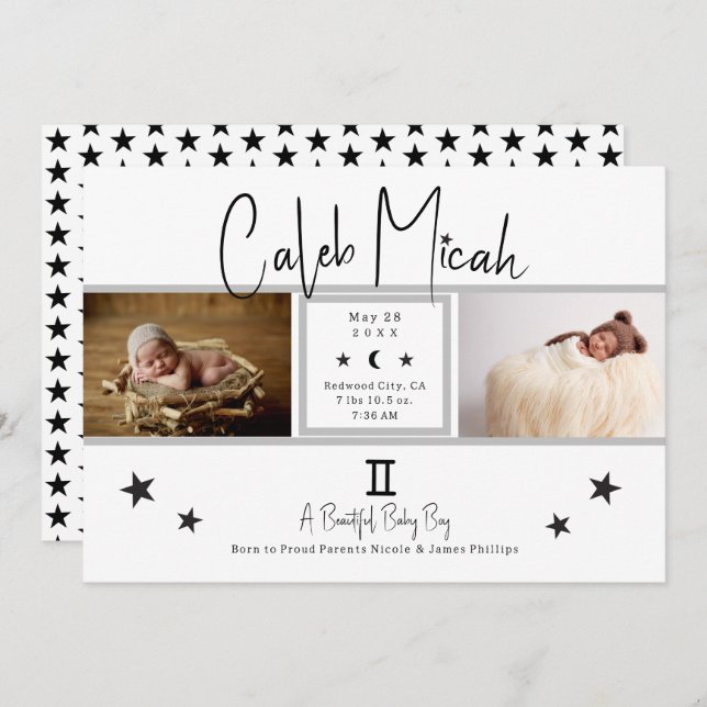 Gemini Stars Photo Baby Birth Announcement (Front/Back)