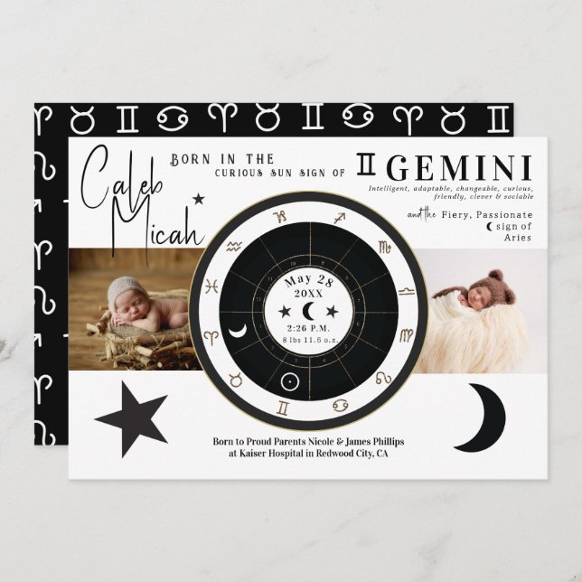 Gemini Sun & Moon Sign Zodiac Birth Announcement (Front/Back)