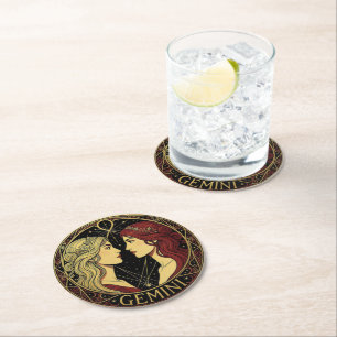 Gemini Twin Zodiac Female Symbol Round Paper Coaster