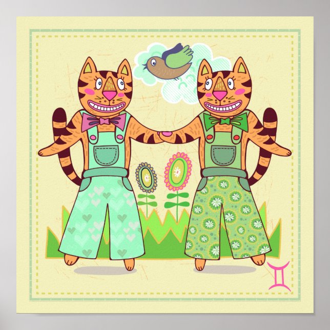 Gemini Twins Cat Zodiac Nursery Print (Front)