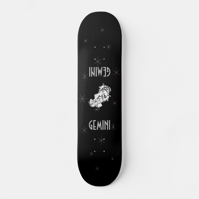Gemini Twins Silver Zodiac Symbol Skateboard Deck (Front)