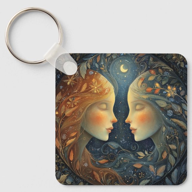Gemini Twins Zodiac Astrology Celestial Birthday Key Ring (Front)
