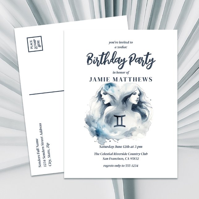 Gemini Twins Zodiac Themed Birthday Party Invitation Postcard (Check Our Complete Collection of Gemini Zodiac Products. From Invites, to Party Decor, & Gifts!)