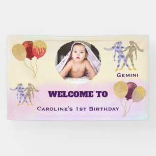 Gemini Watercolor 1st Birthday Photo Sign