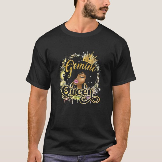 Gemini Zodiac Black Girl - Birthday Queen - Black  T-Shirt (Front)