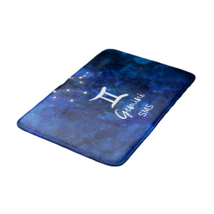 Gemini Zodiac Constellation Blue Galaxy Monogram Bath Mat