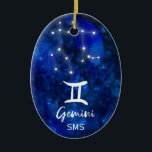 Gemini Zodiac Constellation Blue Galaxy Monogram Ceramic Tree Decoration<br><div class="desc">Gemini Zodiac Constellation Blue Galaxy Monogram Design. With trendy Brushed Script Font, Dark blue celestial watercolor background texture, Glowing star constellation, and The Twins symbol. Modern Astrological Sign Birth Horoscope, is perfect for any Gemini Birthday From May 21 - June 20 ! With Optional Monogrammed First Middle and Last name...</div>