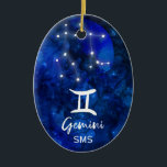 Gemini Zodiac Constellation Blue Galaxy Monogram Ceramic Tree Decoration<br><div class="desc">Gemini Zodiac Constellation Blue Galaxy Monogram Design. With trendy Brushed Script Font, Dark blue celestial watercolor background texture, Glowing star constellation, and The Twins symbol. Modern Astrological Sign Birth Horoscope, is perfect for any Gemini Birthday From May 21 - June 20 ! With Optional Monogrammed First Middle and Last name...</div>