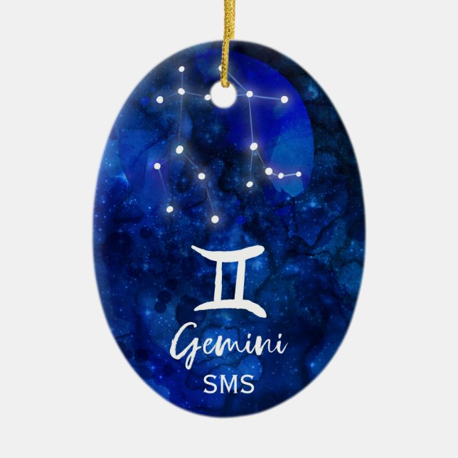 Gemini Zodiac Constellation Blue Galaxy Monogram Ceramic Tree Decoration (Front)