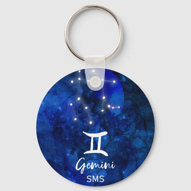 Gemini Zodiac Constellation Blue Galaxy Monogram Key Ring (Front)