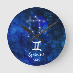 Gemini Zodiac Constellation Blue Galaxy Monogram Round Clock