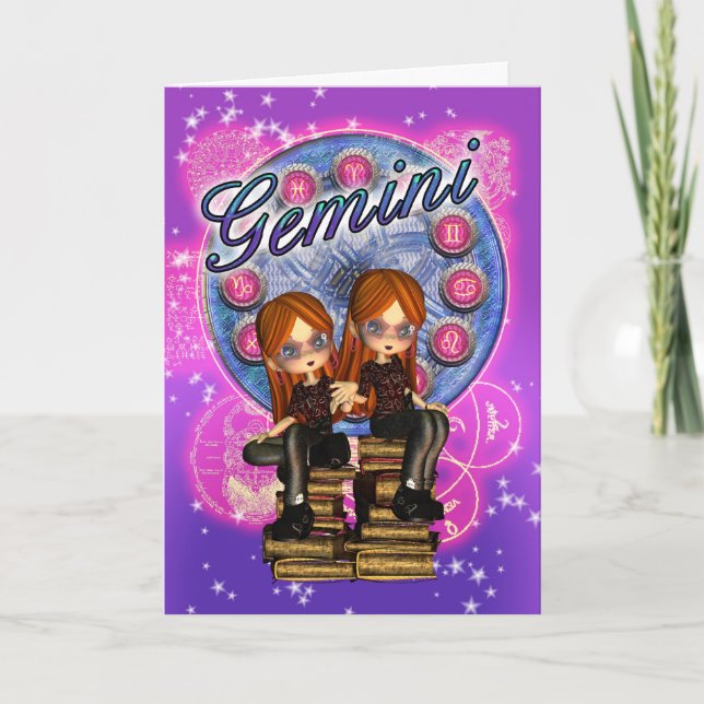 Gemini Zodiac Cute Card With Twin Girls On Old Boo (Front)