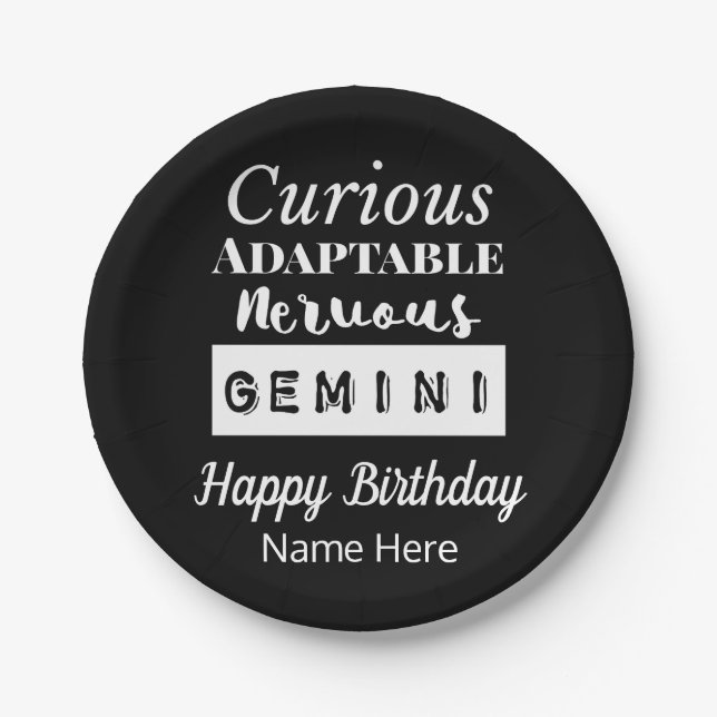 Gemini Zodiac Fun Characteristics Birthday Paper Plate (Front)