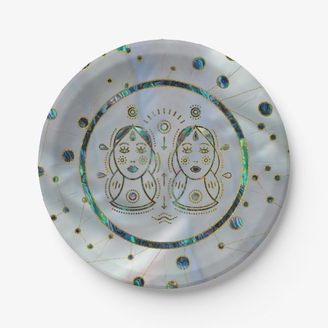 Gemini Zodiac Gold Abalone on Constellation Paper Plate (Front)