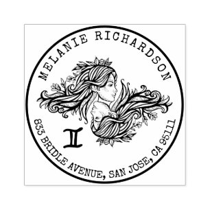 Gemini Zodiac Hand-drawn Crest Return Address Rubber Stamp