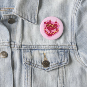 Gemini Zodiac Pastel Heart Birthday Cake 6 Cm Round Badge