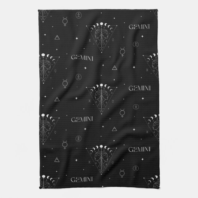 Gemini Zodiac Seamless Pattern – Celestial Twin 1 Tea Towel (Vertical)