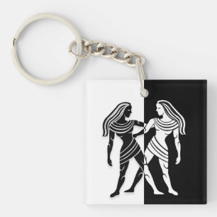 Gemini Zodiac Sign, Black & White Keychain