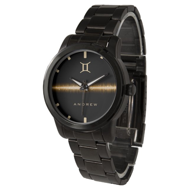 Gemini Zodiac Sign Cool Gold Light Line Name Text Watch (Angled)