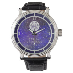 Gemini Zodiac Sign Elegant Custom Name Birth Date Watch