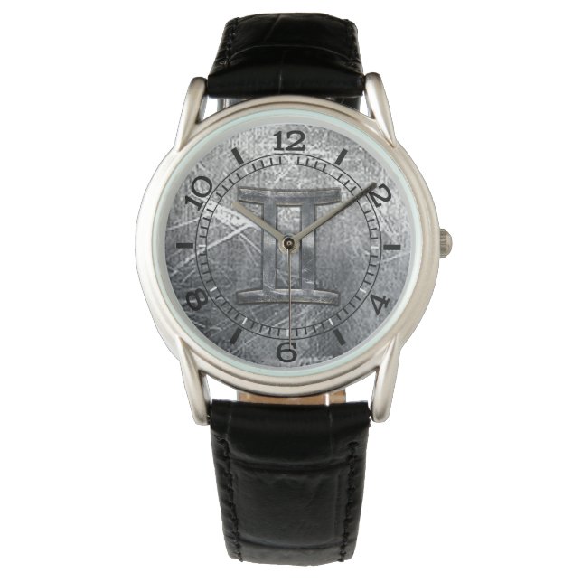 Gemini Zodiac Sign in Industrial Steel Style Dial Watch (Front)