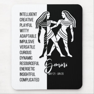 Gemini Zodiac Sign Mousepad, Black & White Mouse Pad