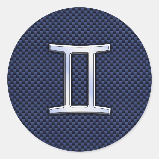 Gemini Zodiac Sign on Blue Carbon Fibre Style Classic Round Sticker (Front)