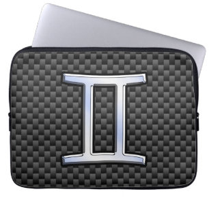 Gemini Zodiac Sign on Charcoal Carbon Fibre Print Laptop Sleeve
