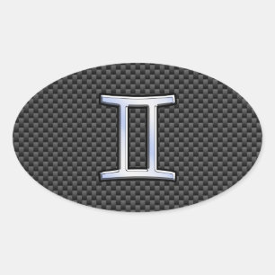 Gemini Zodiac Sign on Charcoal Carbon Fibre Print Oval Sticker