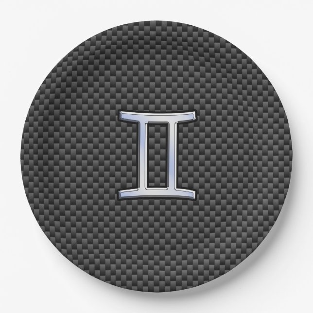 Gemini Zodiac Sign on Charcoal Carbon Fibre Print Paper Plate (Front)