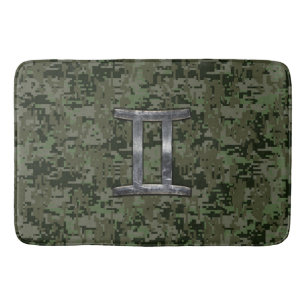 Gemini Zodiac Sign on Green Digital Camo Bath Mat