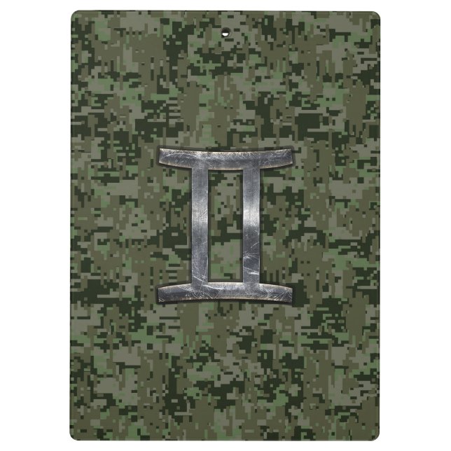 Gemini Zodiac Sign on Green Digital Camouflage Clipboard (Back)