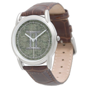 Gemini Zodiac Sign on Green Digital Camouflage Watch