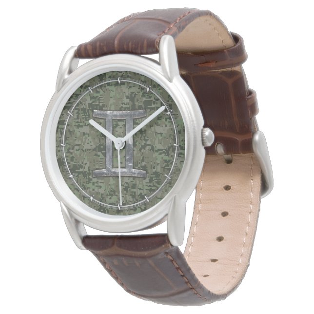 Gemini Zodiac Sign on Green Digital Camouflage Watch (Angled)