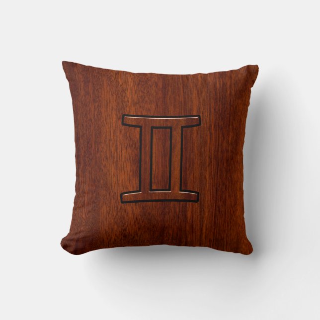 Gemini Zodiac Sign on Mahogany Wood Style Cushion (Front)