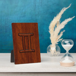 Gemini Zodiac Sign on Mahogany Wood Style Plaque
